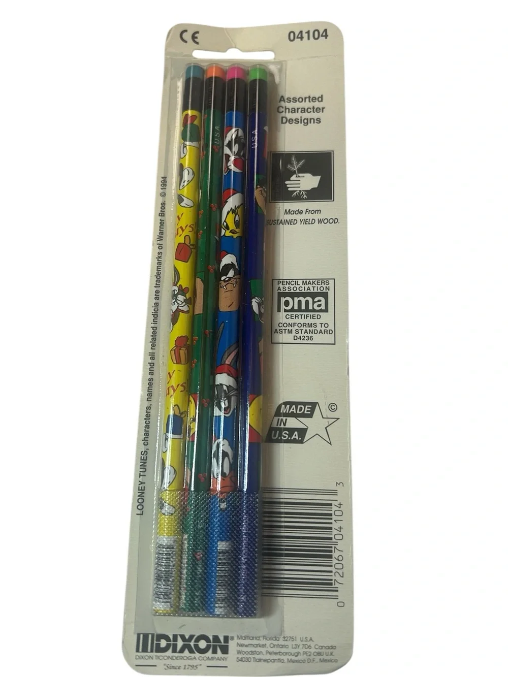 Vintage 1990’s Looney Tunes 4 Christmas Multicolor Pencils. New with Tags